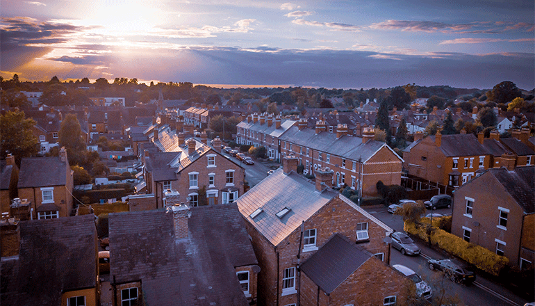 Aerial view of typical urban UK homes