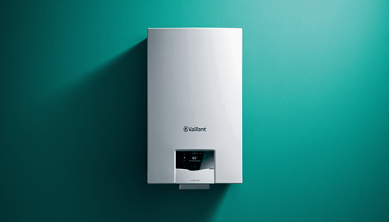 Product image of Vaillant's Ecotec plus boiler on the wall, showing green background