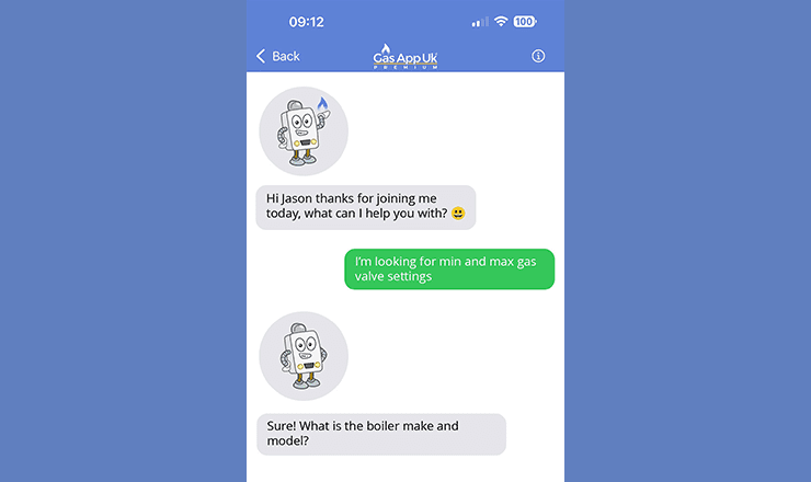 Phone screen showing Boiler Bot function in Gas App UK