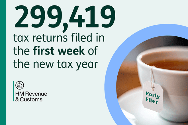 Graphic of text from HMRC featuring a cup of tea. Tex reads 299,419 tax returns filed in the first week of the new year
